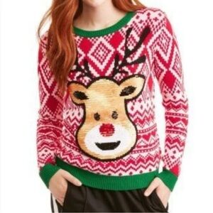 Rudy Reindeer Sequin Christmas Sweater in Red and Green, Size XL 15-17 Junior